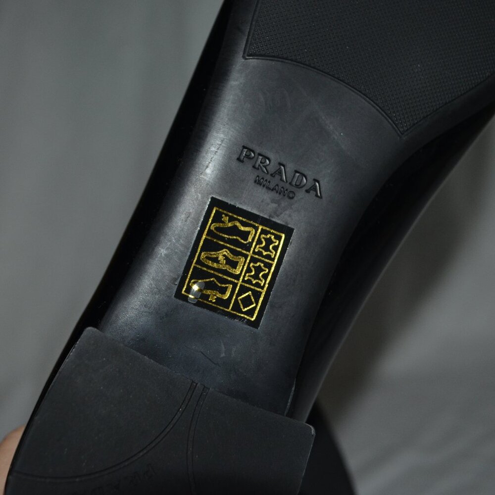 New $950 Sz 37.5 7 Prada Black Patent Leather Logo Ballerina Flat - Picture 12 of 13